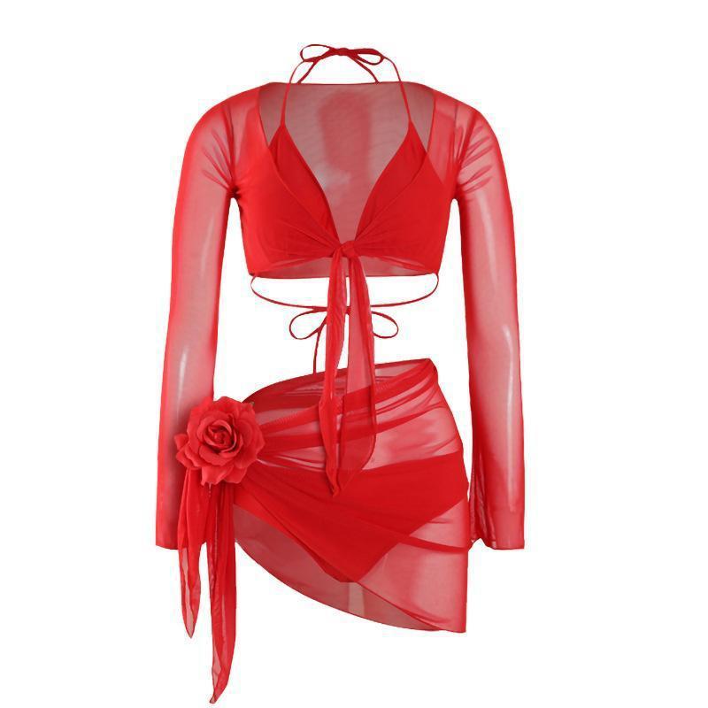 New Pure Desire Big Red Hot Spring Sexy Bikini Four-piece Suit