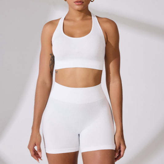 Round Neck Shoulder Strap Cross Bra Waist Shorts Suit