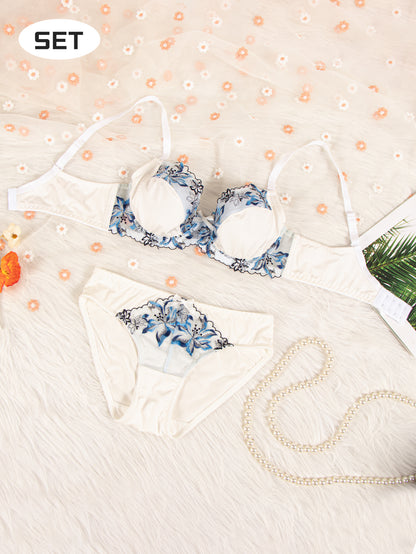Women's Bra Set  White With Orchid Design, Push-up Bra