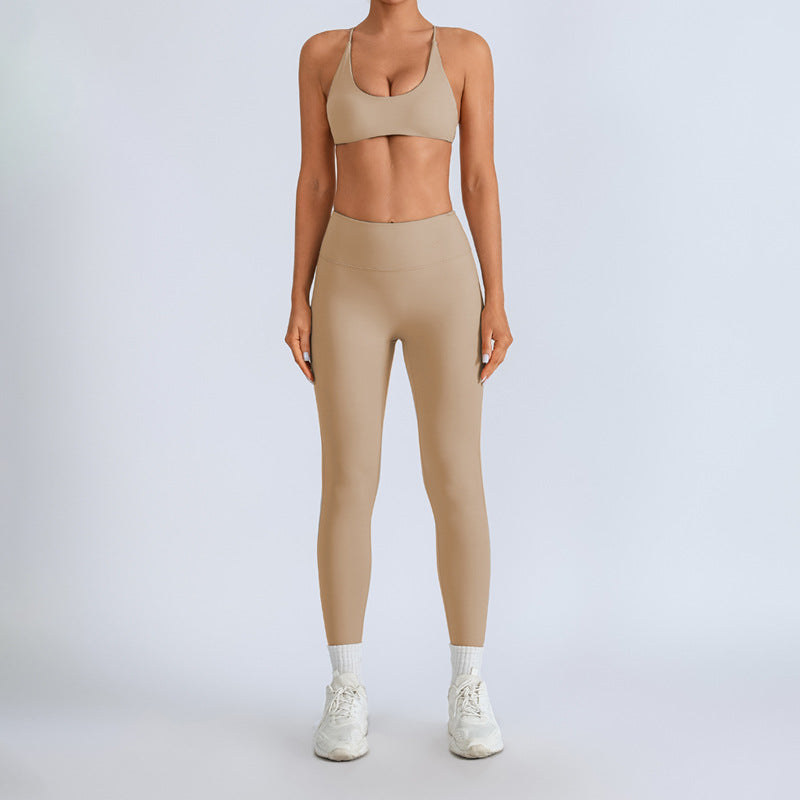 Beauty Back With Chest Pad Cross Spaghetti Strap Bra High Waist Fitness Pants