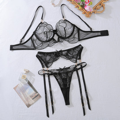 Lace Embroidered Sheer Bra Thin Hollowed Out Lingerie Three-piece Set
