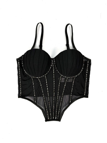 Sexy Mesh With Braces And Breast Pad Can Be Worn Outside Rhinestone Fishbone Plastic Bra