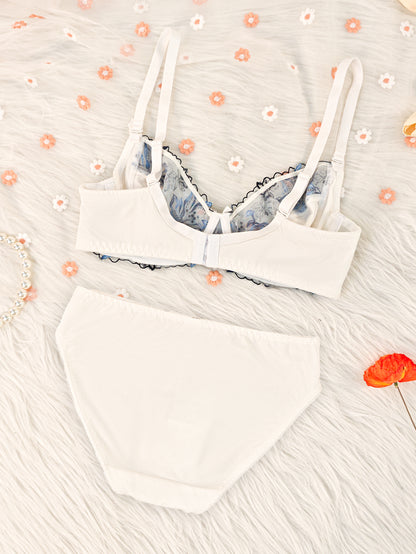 Women's Bra Set  White With Orchid Design, Push-up Bra