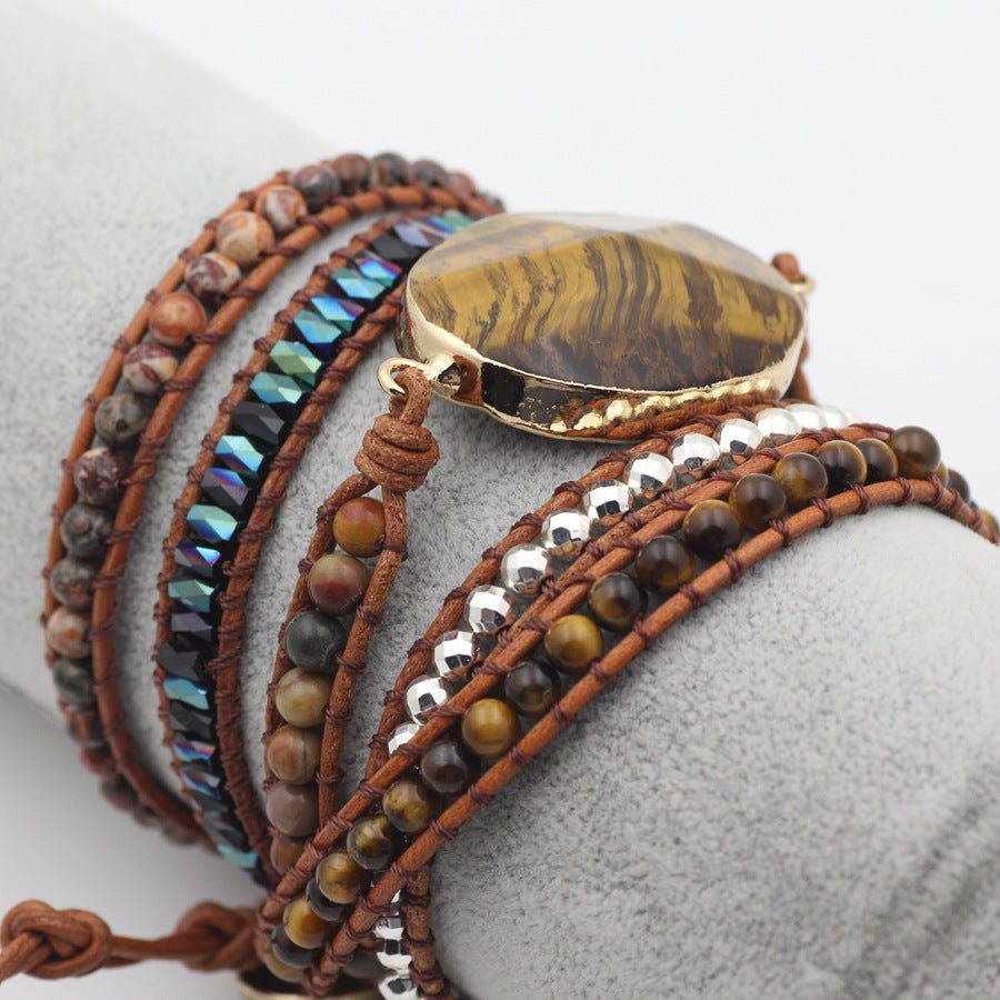 Natural Stone Bracelet for Men and Women Tiger Eye Beaded Hand-woven Leather Bracelet Punk Rock Couples Hand Accessories