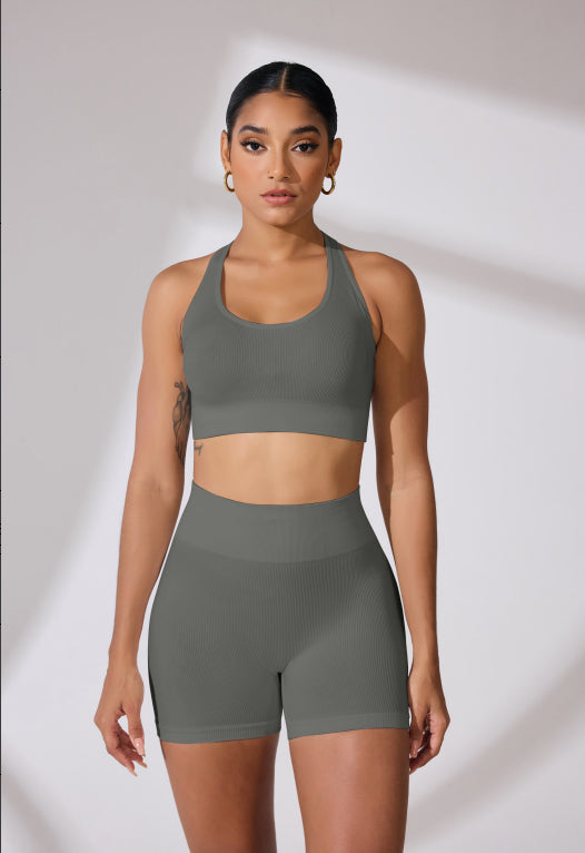 Round Neck Shoulder Strap Cross Bra Waist Shorts Suit