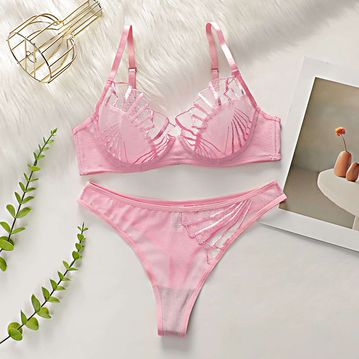 Lace Mesh Embroidered Lingerie, Transparent Ultra-thin Bra For Large Busts, Women's Underwear Set, Push-up Sexy Bra