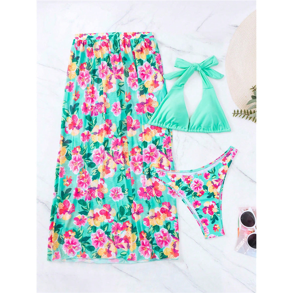 Sexy Split Swimsuit Swimming Suit High Slit Printed Three-piece Set