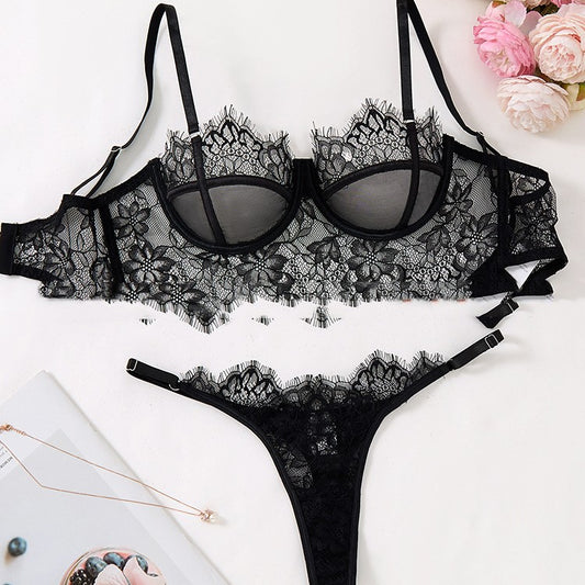 Black Mesh Bra Anti-sagging Lace Sexy Lingerie Set Women