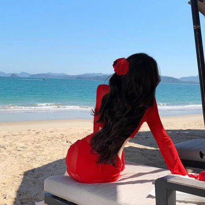 New Pure Desire Big Red Hot Spring Sexy Bikini Four-piece Suit