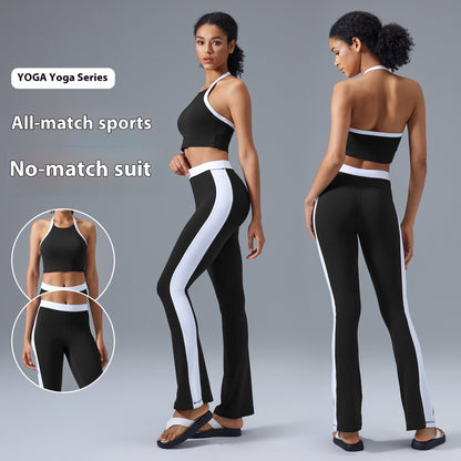 Yoga Fitness Suit Women's Contrast Color Halter Bra High Waist Hip Lift Yoga Bootcut Trousers