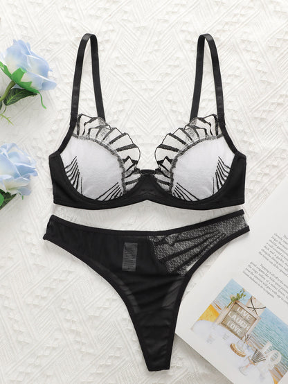 Lace Mesh Embroidered Lingerie, Transparent Ultra-thin Bra For Large Busts, Women's Underwear Set, Push-up Sexy Bra