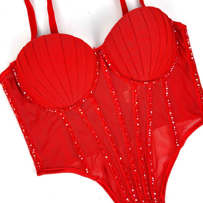 Sexy Mesh With Braces And Breast Pad Can Be Worn Outside Rhinestone Fishbone Plastic Bra
