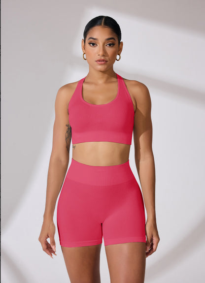 Round Neck Shoulder Strap Cross Bra Waist Shorts Suit