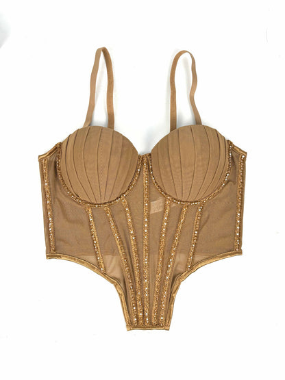 Sexy Mesh With Braces And Breast Pad Can Be Worn Outside Rhinestone Fishbone Plastic Bra