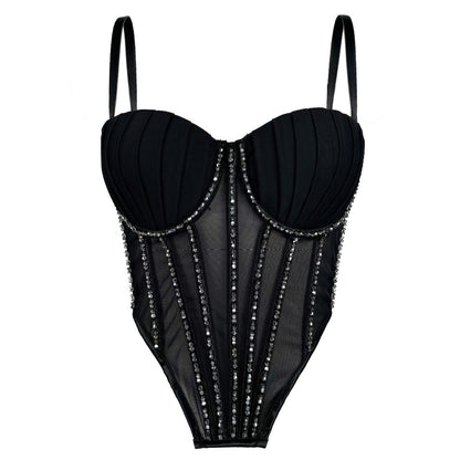 Sexy Mesh With Braces And Breast Pad Can Be Worn Outside Rhinestone Fishbone Plastic Bra