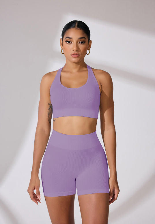 Round Neck Shoulder Strap Cross Bra Waist Shorts Suit