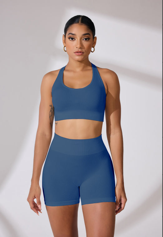 Round Neck Shoulder Strap Cross Bra Waist Shorts Suit