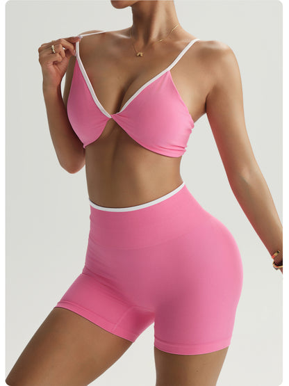 Seamless High Elastic Thread Contrast Color Kinked Bra High Waist Shorts Suit