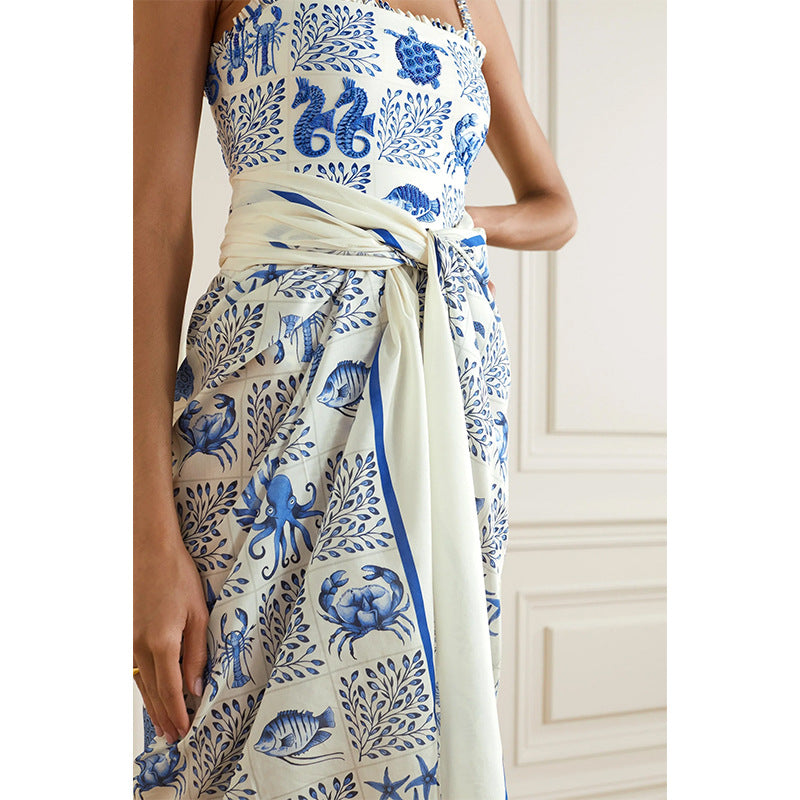 Printed Sexy Off-the-shoulder Swimsuit Spaghetti Strap Women's Swimming Suit