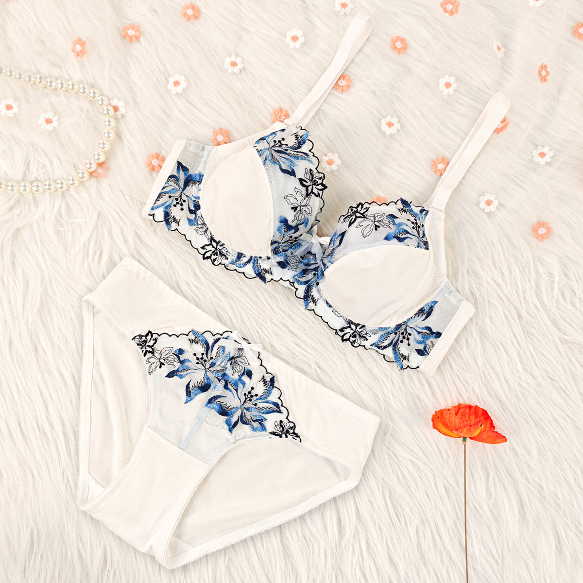 Women's Bra Set  White With Orchid Design, Push-up Bra