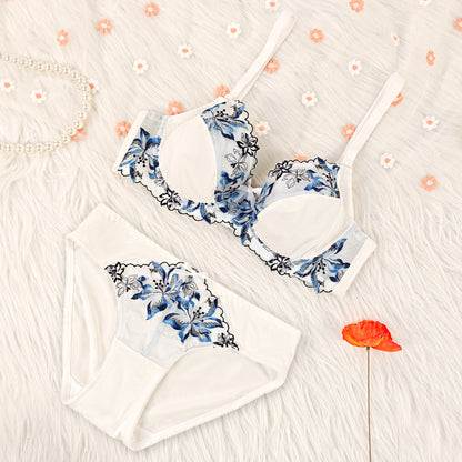 Women's Bra Set  White With Orchid Design, Push-up Bra