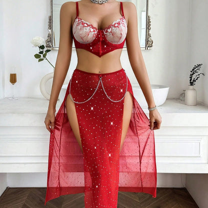Embroidered Bra Split Red Three-piece Suit