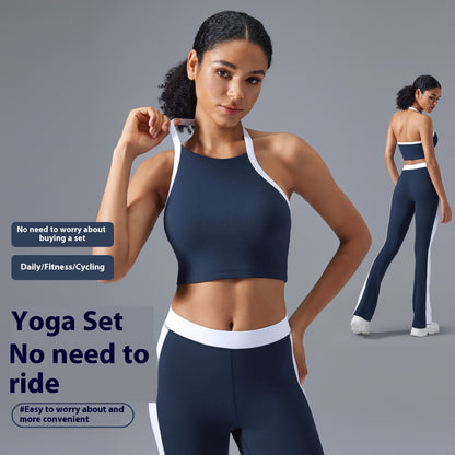 Yoga Fitness Suit Women's Contrast Color Halter Bra High Waist Hip Lift Yoga Bootcut Trousers