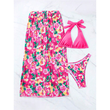 Sexy Split Swimsuit Swimming Suit High Slit Printed Three-piece Set