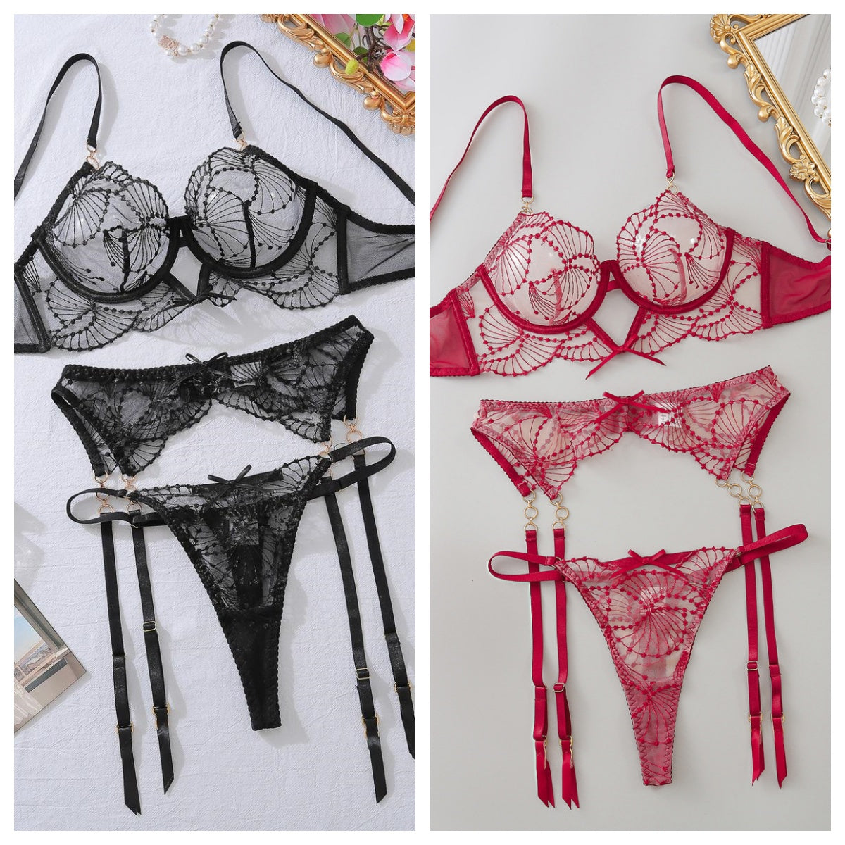 Lace Embroidered Sheer Bra Thin Hollowed Out Lingerie Three-piece Set