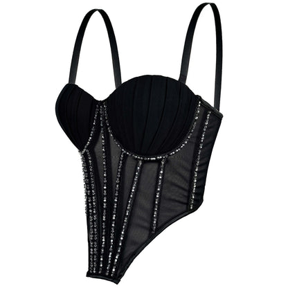 Sexy Mesh With Braces And Breast Pad Can Be Worn Outside Rhinestone Fishbone Plastic Bra