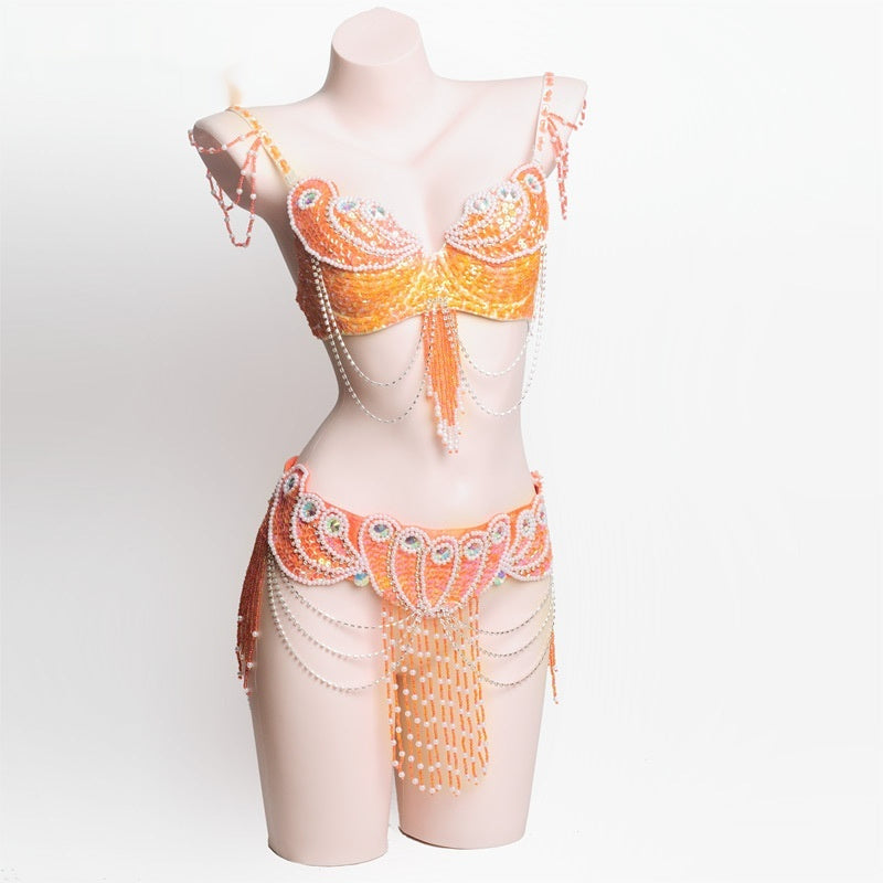 Pearl Embroidery Belly Dance Bra Girdle Suit