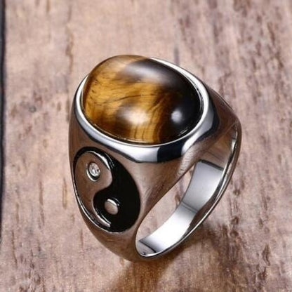 Vintage Men Boy Oval Tiger Eye Brown Stones with Yin Yang Symbol Ring in Stainless Steel Jewelry Mens Accessories Anel Aneis