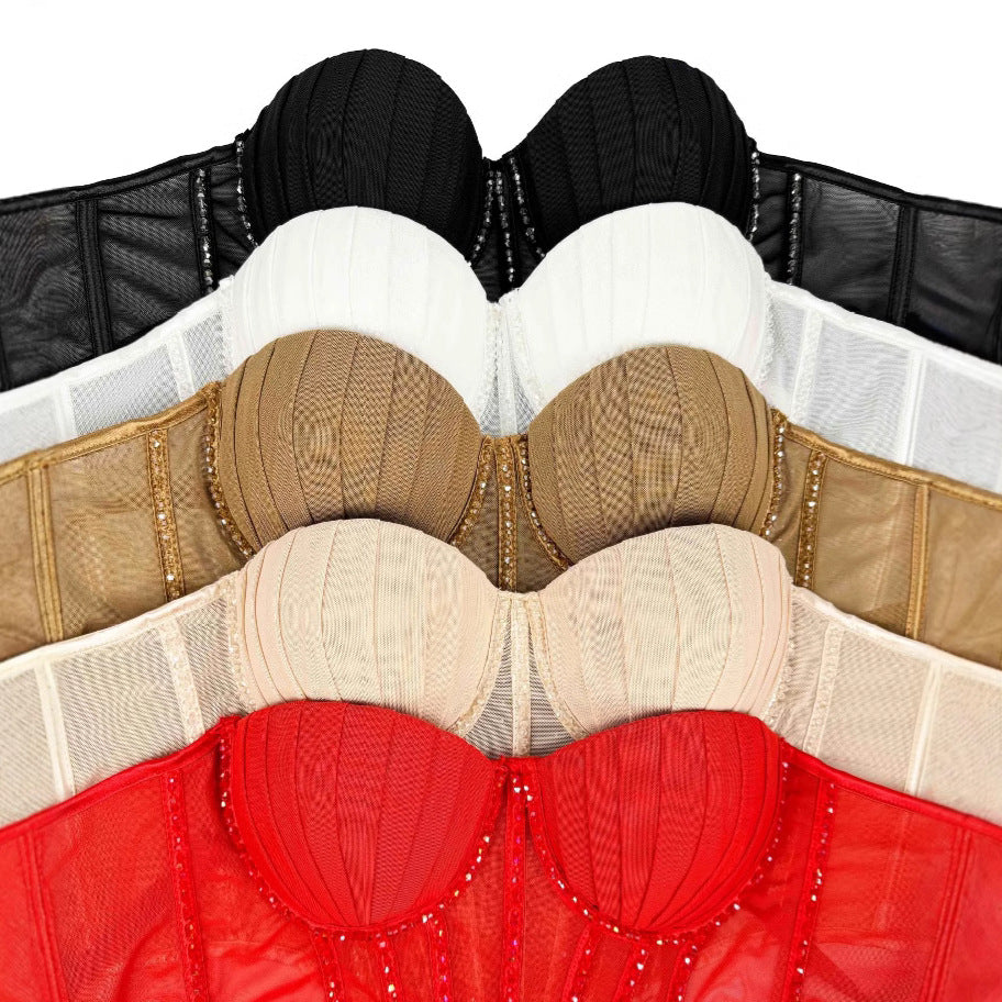 Sexy Mesh With Braces And Breast Pad Can Be Worn Outside Rhinestone Fishbone Plastic Bra