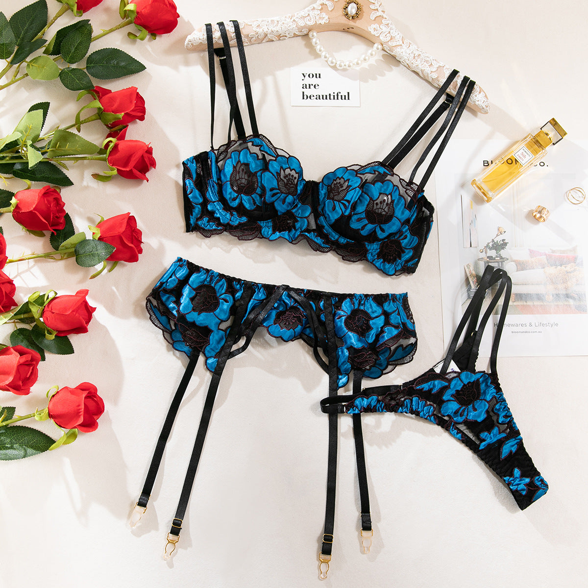 Flower Embroidery Thin Bra Hollow Underwear Three-piece Set