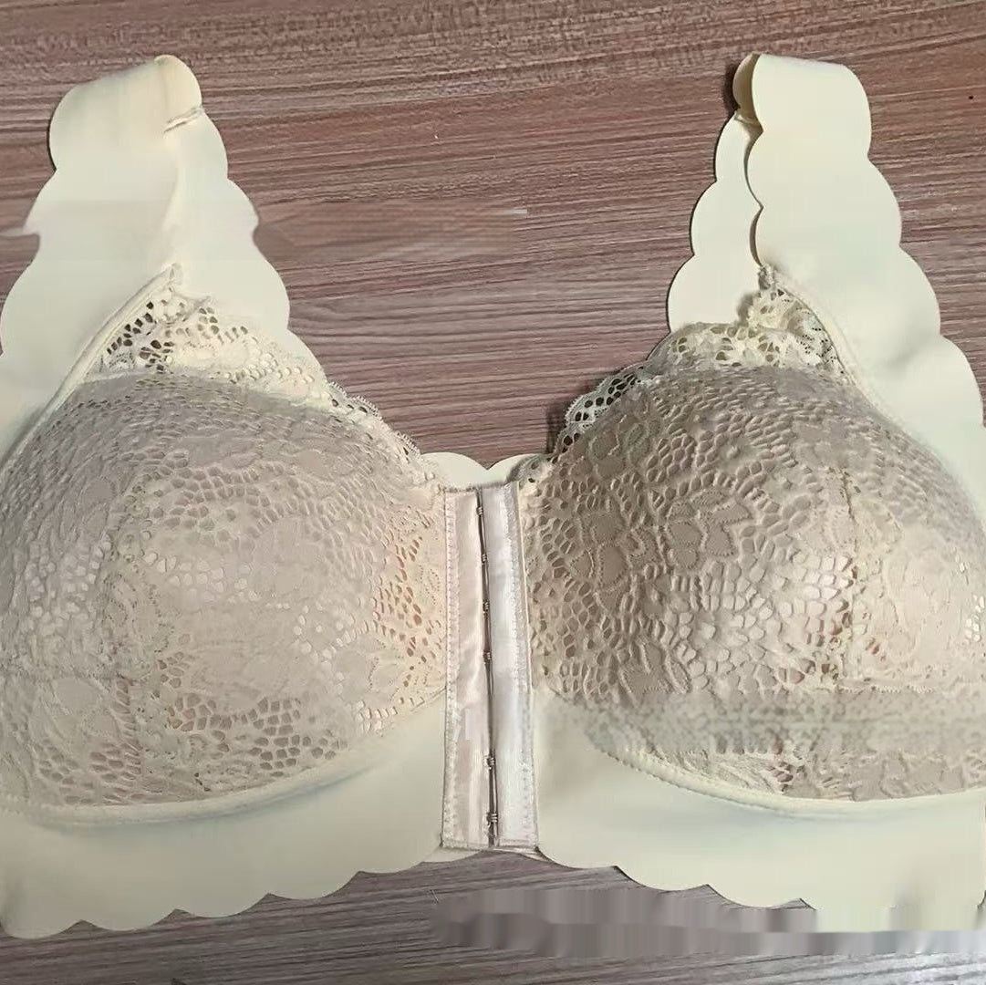 French Style Lace Thin Gathering Bra Front Buckle Large Size Without Steel Ring Breathable