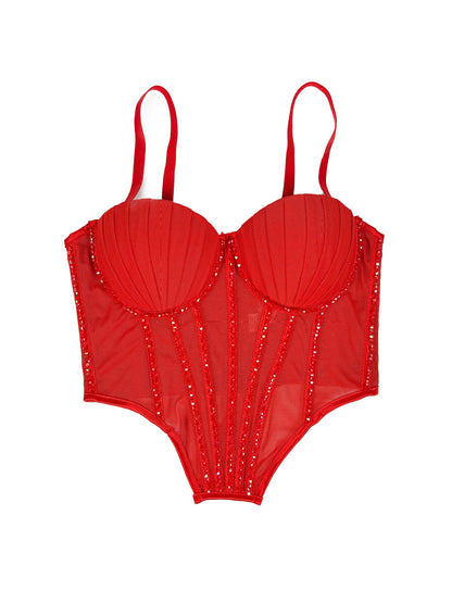 Sexy Mesh With Braces And Breast Pad Can Be Worn Outside Rhinestone Fishbone Plastic Bra