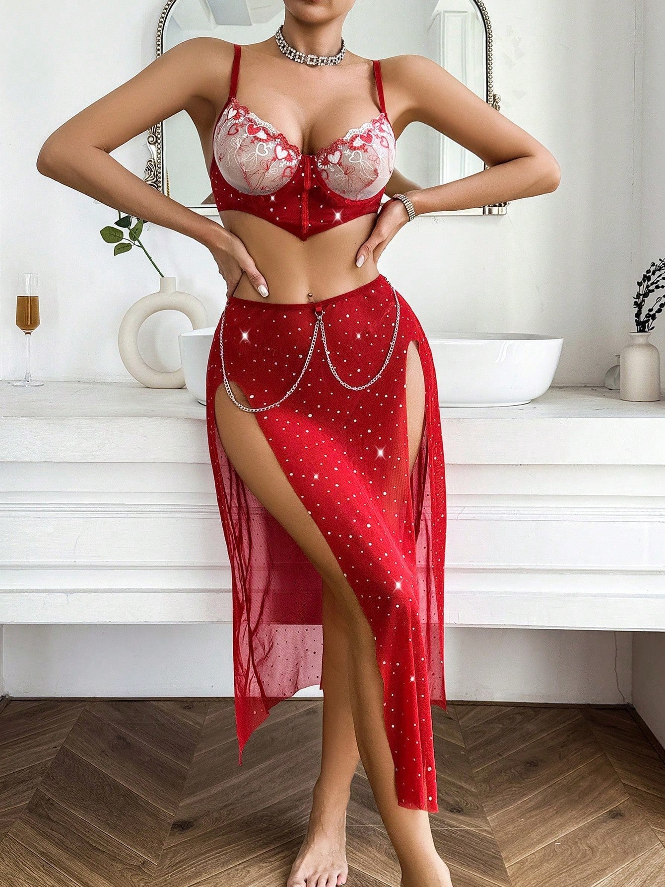 Embroidered Bra Split Red Three-piece Suit