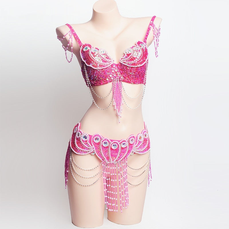 Pearl Embroidery Belly Dance Bra Girdle Suit