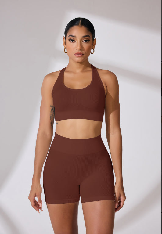 Round Neck Shoulder Strap Cross Bra Waist Shorts Suit