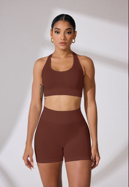 Round Neck Shoulder Strap Cross Bra Waist Shorts Suit