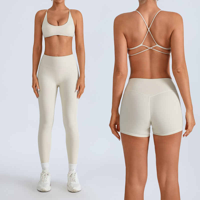 Beauty Back With Chest Pad Cross Spaghetti Strap Bra High Waist Fitness Pants