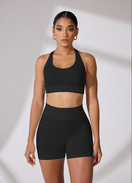 Round Neck Shoulder Strap Cross Bra Waist Shorts Suit