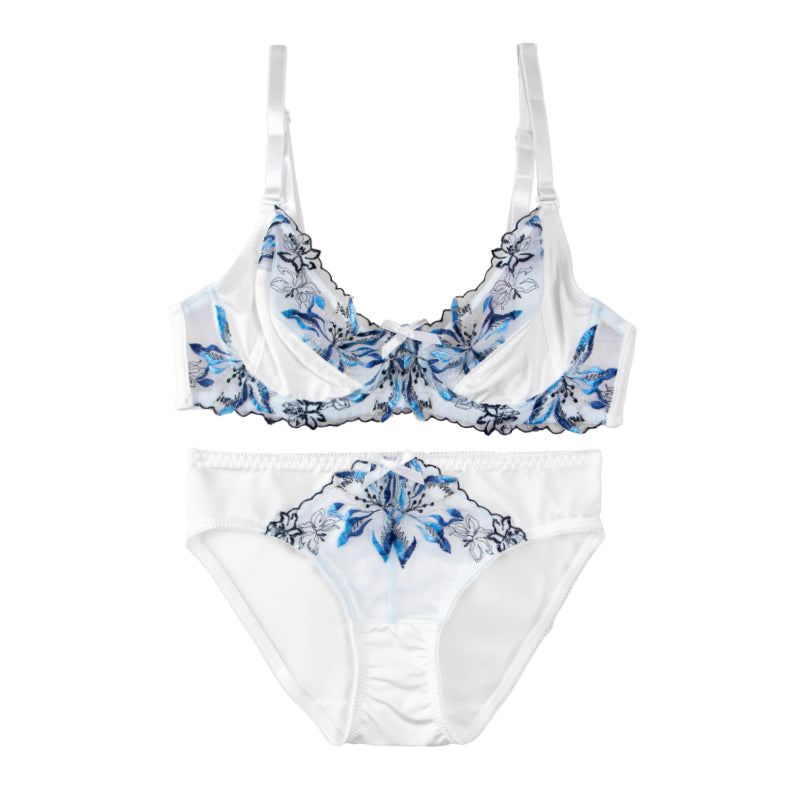 Women's Bra Set  White With Orchid Design, Push-up Bra