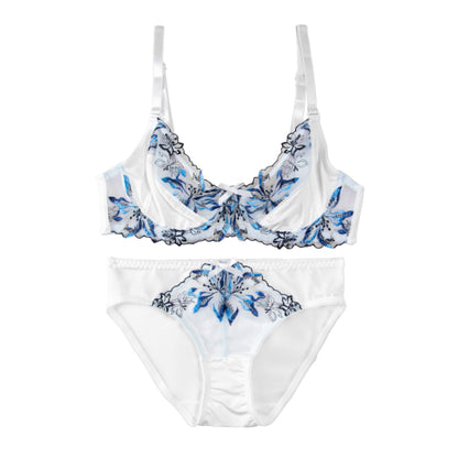 Women's Bra Set  White With Orchid Design, Push-up Bra