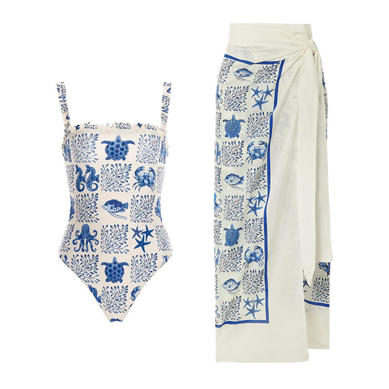 Printed Sexy Off-the-shoulder Swimsuit Spaghetti Strap Women's Swimming Suit