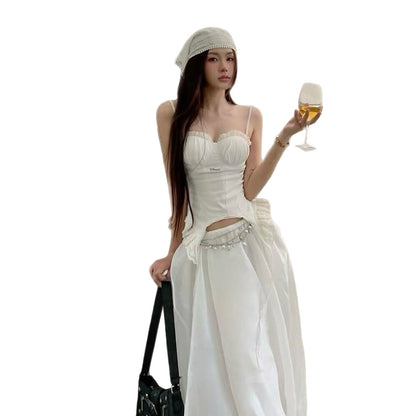 American Street Lace Stitching Ruffle Chest Strap Top Irregular Ribbon Fitted Waist Vest Bra