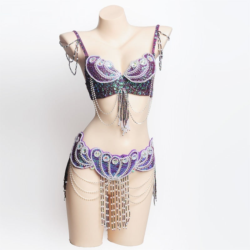 Pearl Embroidery Belly Dance Bra Girdle Suit