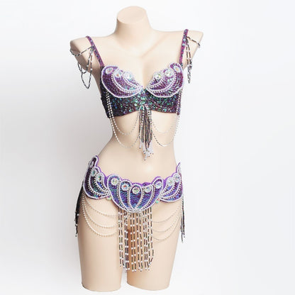 Pearl Embroidery Belly Dance Bra Girdle Suit