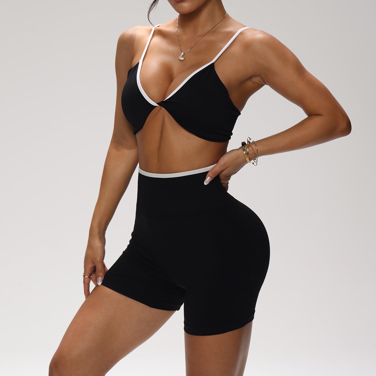 Seamless High Elastic Thread Contrast Color Kinked Bra High Waist Shorts Suit