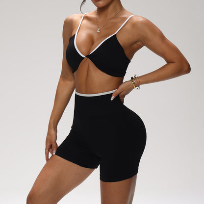 Seamless High Elastic Thread Contrast Color Kinked Bra High Waist Shorts Suit